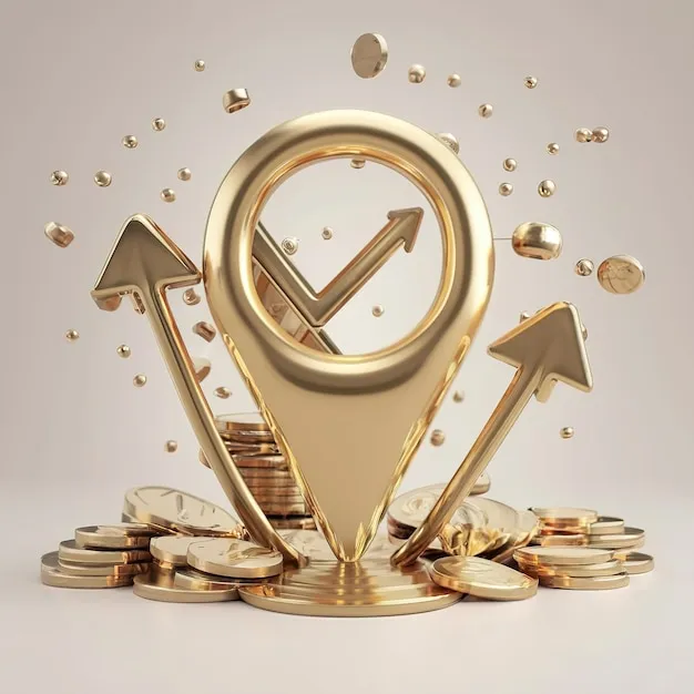 Front view of gold up arrow with gold map pointer 3d pin Financial