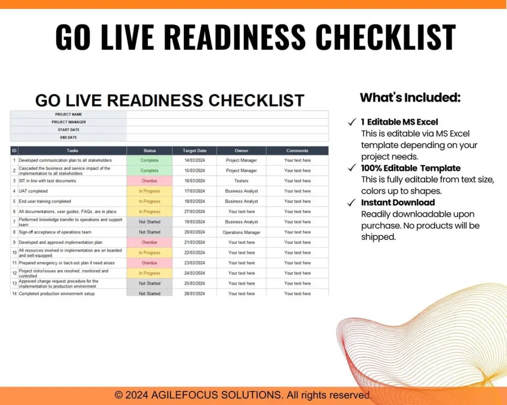 Go Live Readiness, Go Live Checklist, Go Live Template, Project