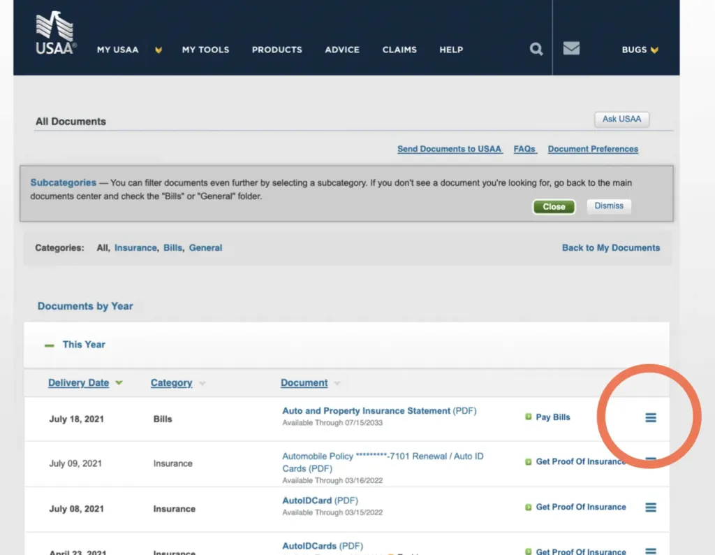 How to find your USAA declarations page